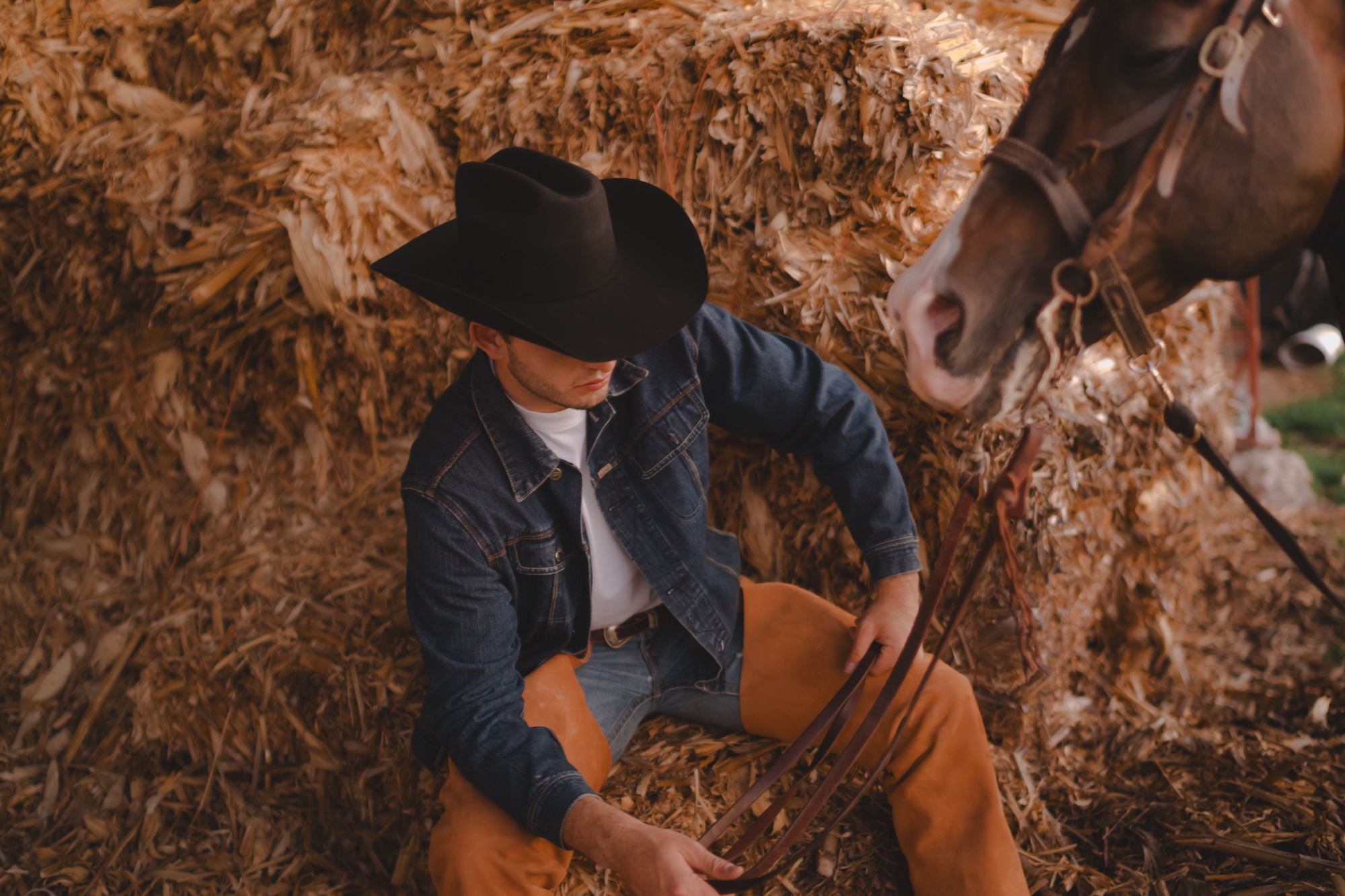 A cowboy in a black western hat sitting beside a horse